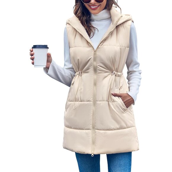Womens Quilted Puffer Vests Hooded Sleeveless Long Outwear Jacket Zip Up Winter